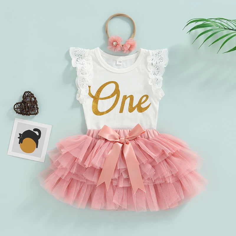 3 Pcs Baby Girls Casual Princess Outfits Cotton Letter Fly Sleeve Round Neck Bodysuit + Tulle Tutu Skirt + Bow Headband