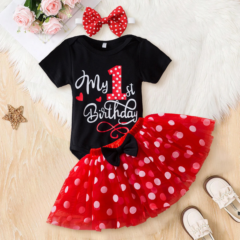 3Pcs Baby Girl 1st Birthday Dress Sets Short Sleeve Top &amp; Polka Dot Skirt &amp; Bow Headband Newborn Outfit Minni Cosplay Dress