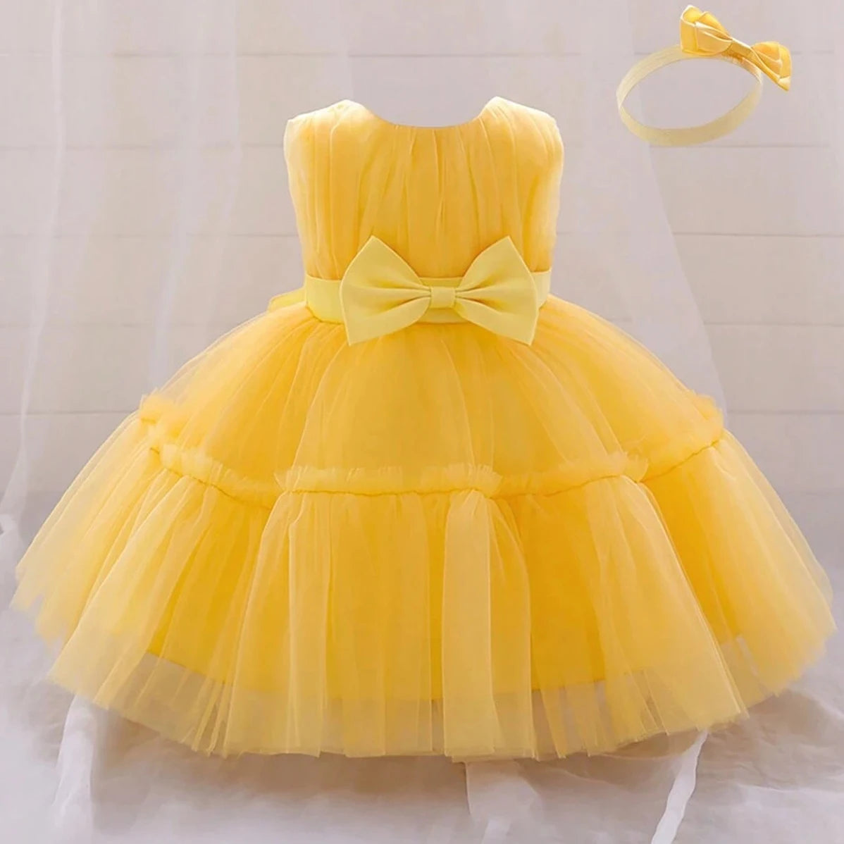 Baby Pleated Girl Princess Dress Outfit Infant White 1st Birthday Baptism Dress Toddler Bow Party Wedding Prom Gown Baby Clothes