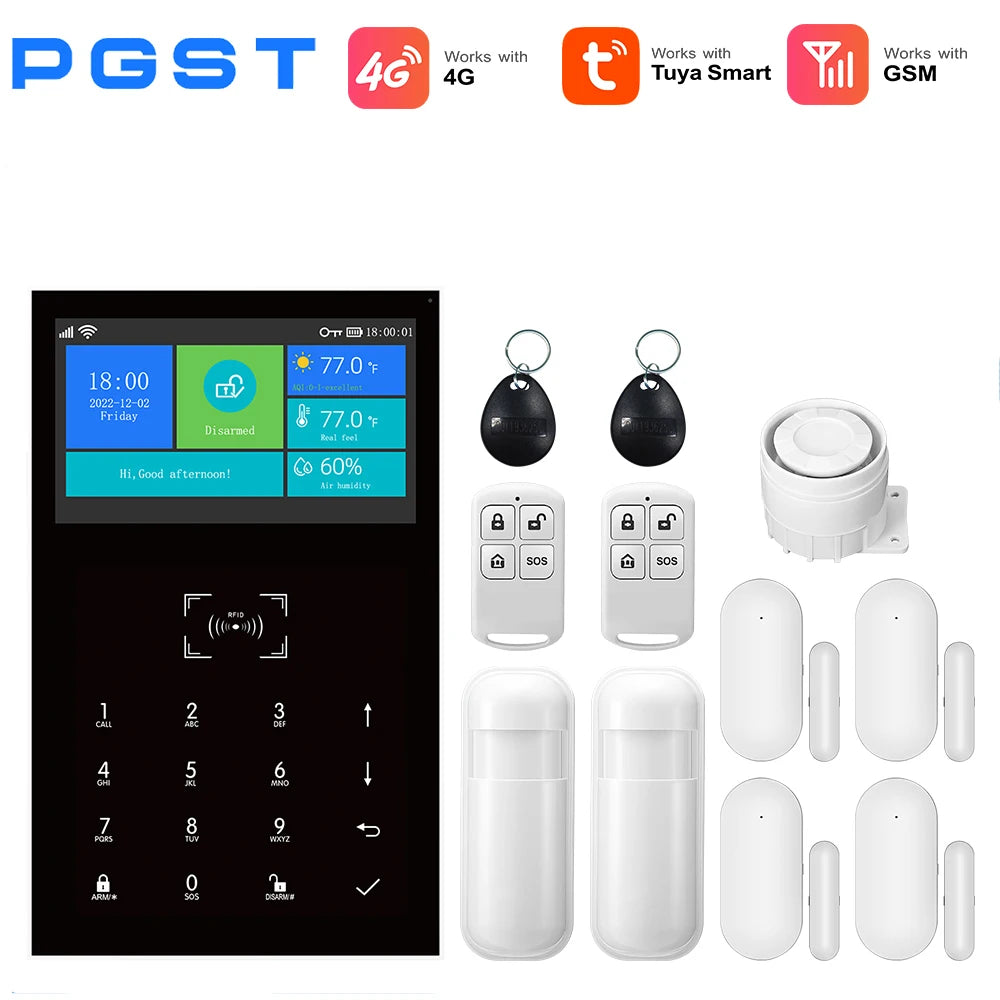 PGST GSM WIFI Smart Home Alarm System Tuya 4G Wireless Smart Life APP Control With Alexa 433MHz Safe Security Door Sensor Siren
