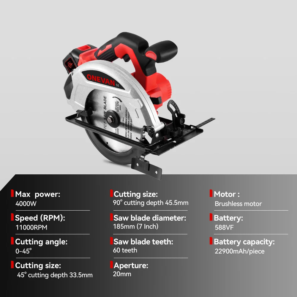 ONEVAN 4000W Brushless Electric Circular Saw 11000RPM 8Inch Cordless Handheld Wood Cutting Power Tool For Makita 18V Battery Pin