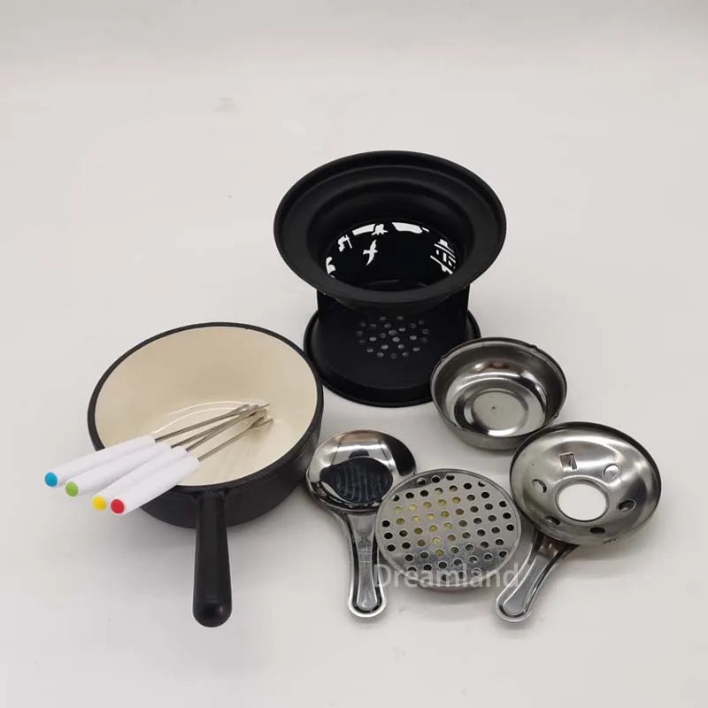 14cm Mini Enameled Cast Iron Fondue Cheese Hotpot with Alcohol Stove