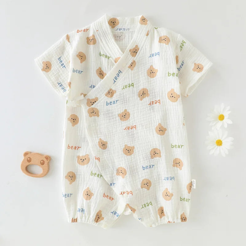 Girls Baby Summer Short-sleeved Jumpsuit Kids Gauze Cotton Full Print Romper Clothes Newborn Pajamas 0-18M