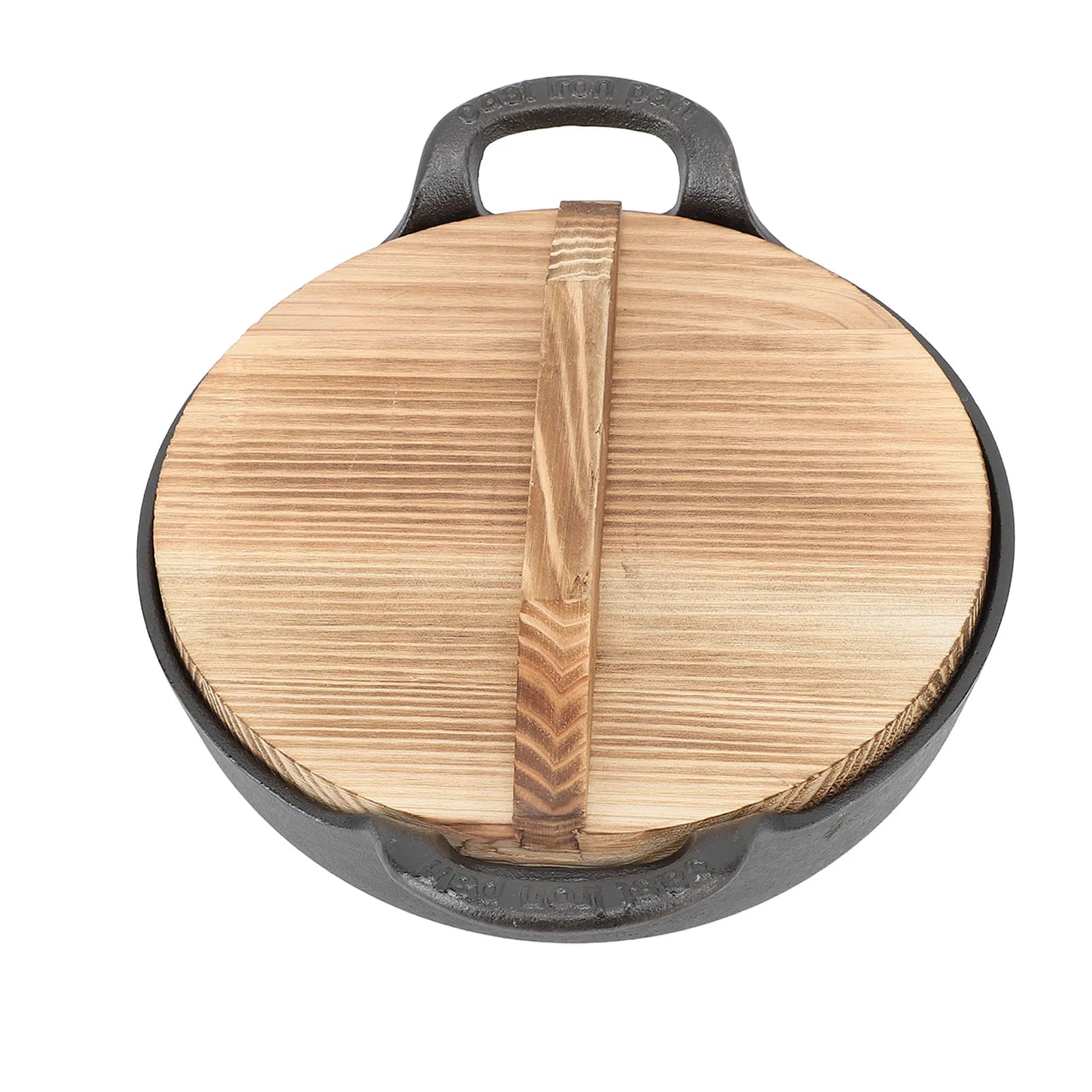 Cast Iron Wok Wooden Lid Flat Base 2 Loop Handle Even Heat Multifunctional Stir Fry Pan for Kitchen