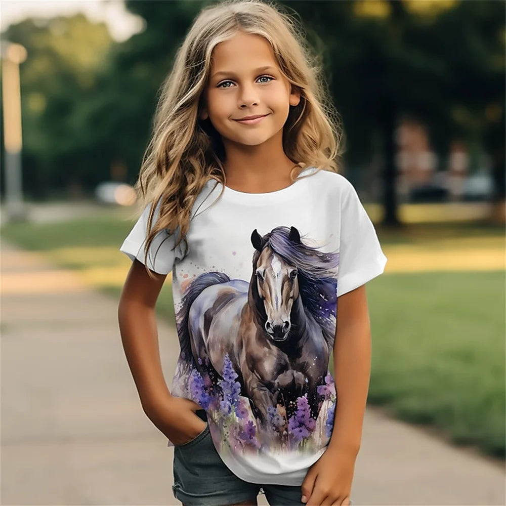 Female Child Clothes 3D Print Cartoon Animal Horse Girl T Shirts Kawaii Girl Summer Outdoor Comforts Short Sleeves Girl T-Shirt
