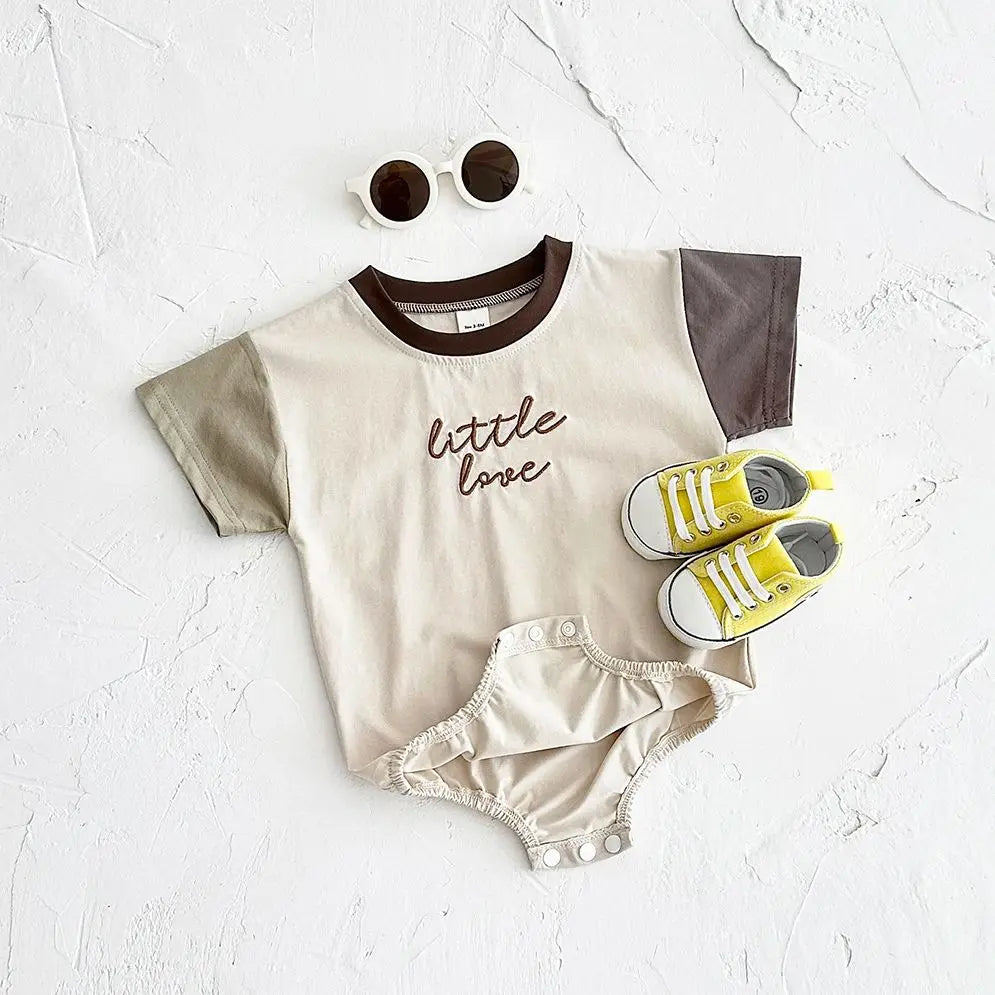 INS Newborn Girls Romper Short Sleeved Letter Embroidered Color Block Jumpsuit Baby Boys Clothes Summer Infant 0-18M