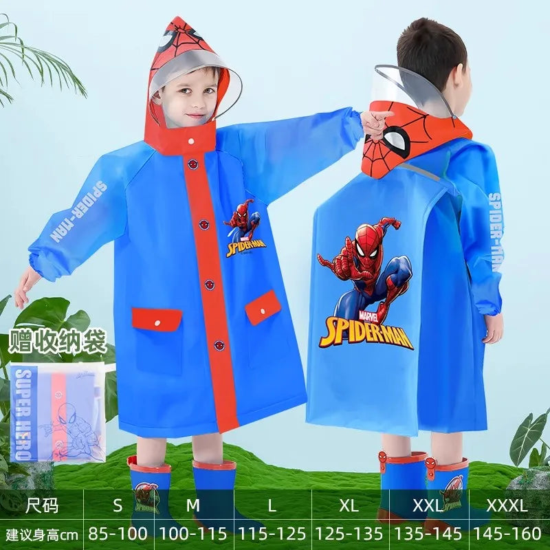 Disney Kids Raincoat Waterproof Children Elsa Spider-Man Rain Poncho Rain Coat Jacket with Backpack Student Rainwear