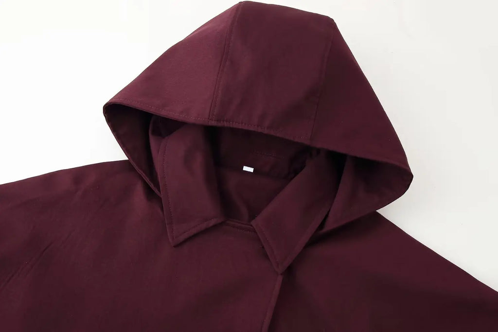 Spring 2025 new women's versatile lapel single-breasted long sleeve pocket hooded windbreaker jacket