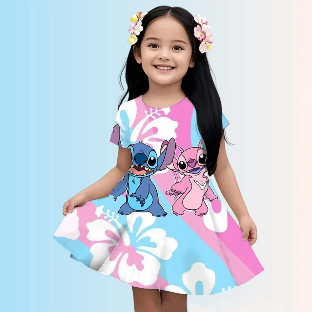 2025 Girls Stitch Dresses Princess Children's Clothing Cartoon Stitch Print Summer Fashion Baby Stitch Dress 3-14Y