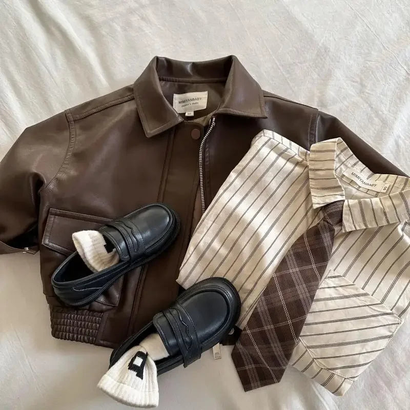 2-10Y Baby Boys Girls Zipper Jackets Brown PU Leather Lapel Collar Coats Korean Style Autumn Single Breasted Toddler Cardigans