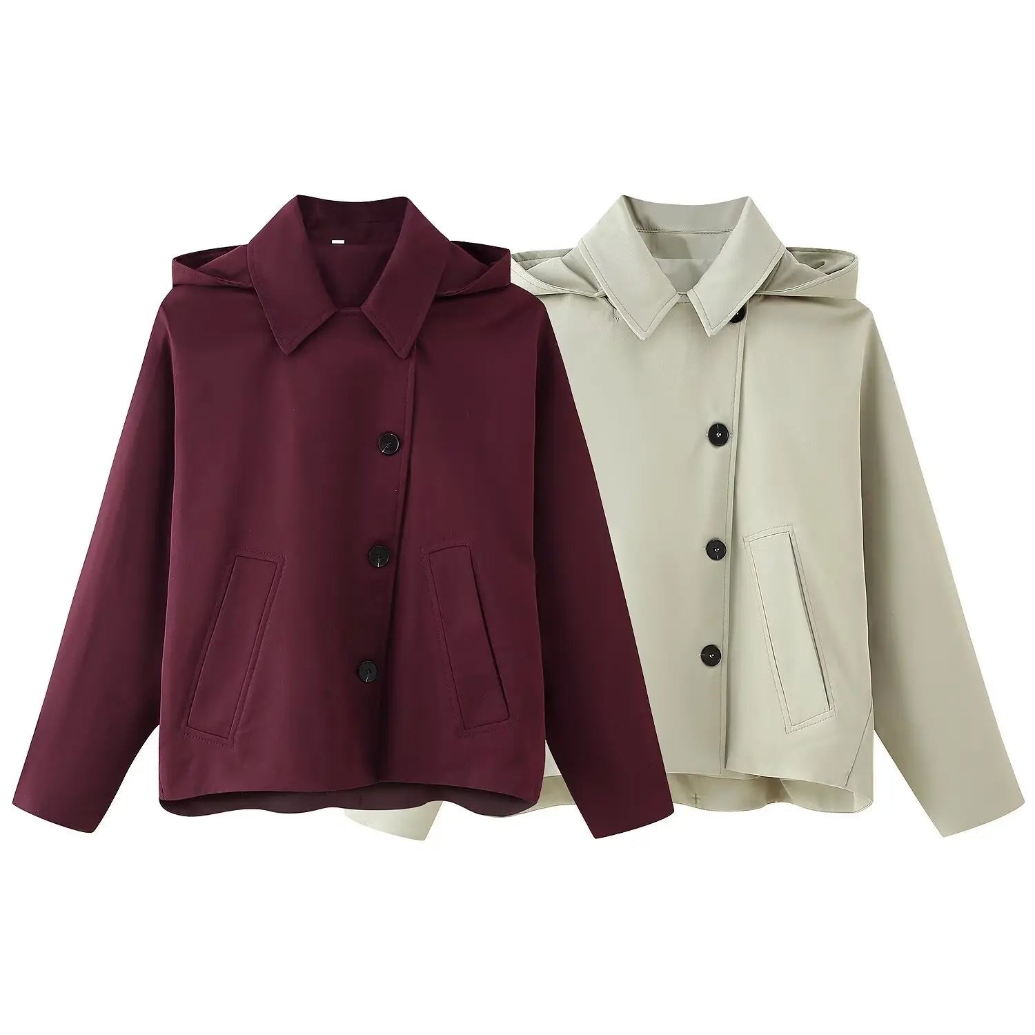 Spring 2025 new women's versatile lapel single-breasted long sleeve pocket hooded windbreaker jacket