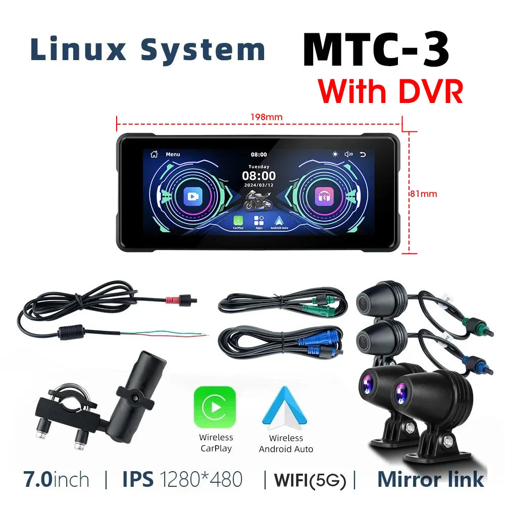 Srnubi 7 Inch Motorcycle Portable Navigation GPS Wireless Carplay Android Auto IP67 Waterproof Motorcycle Touch Screen Display
