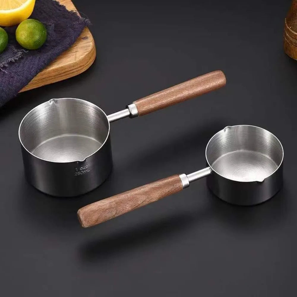 Dripping Sauce Pot Wooden Handle Milk Pan 304 Stainless Steel Spout Oil Pot Deepen with Scale Small Sauce Pan Butter Melting