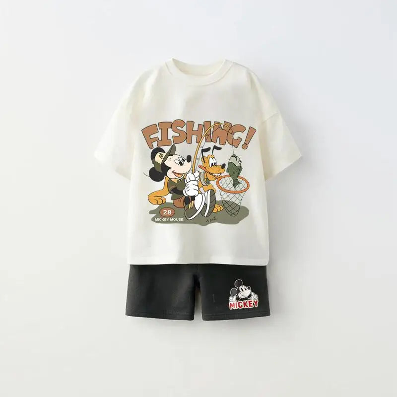 Trendy Outfits 2025 Summer Child Clothing Cute TShirt Black Shorts New Printed Tops +Shorts Boys Short Sleeve Suit Outer Wear