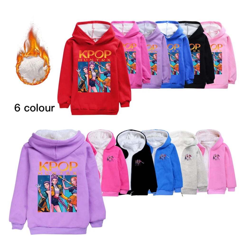 KPop Demon Hunters Huntrix Clothes Kids Hoodies Baby Girls Winter Warm Zipper Jacket Boys Thicken Fleece Coats Children's Parkas