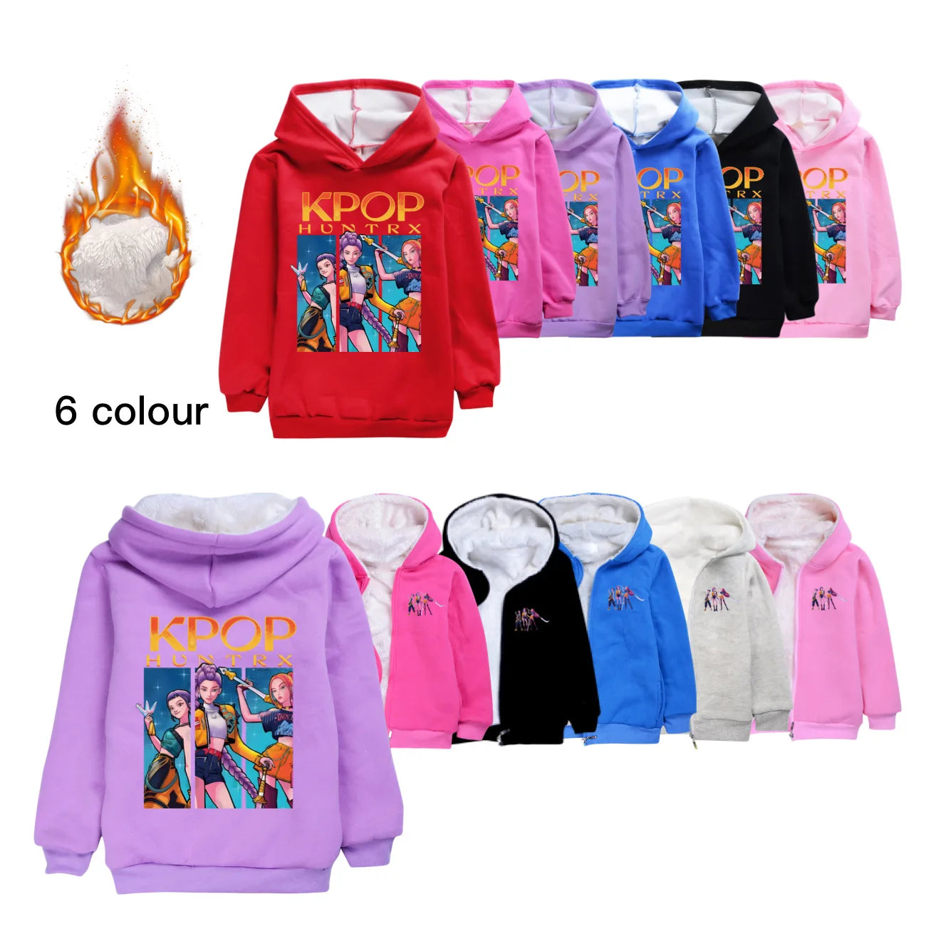 KPop Demon Hunters Huntrix Clothes Kids Hoodies Baby Girls Winter Warm Zipper Jacket Boys Thicken Fleece Coats Children's Parkas