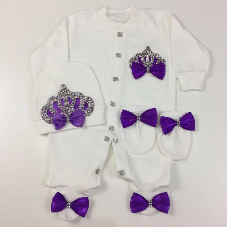 4pcs Take me Home Romper Set Baby Blanket Hat Gloves Shoes Set 39 week Pregnant Woman Photographyh Royal Crown Jewelry Suit