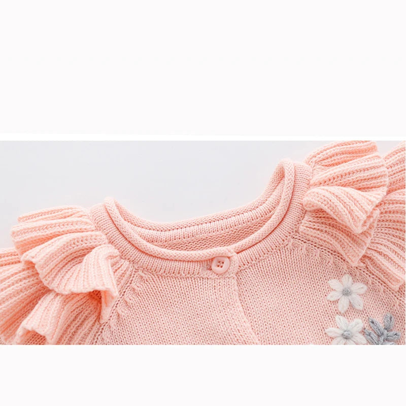 Spring New Toddler Baby Girl Knitting Romper+Hat Floral Embroidery Romper Long Sleeve Autumn Infant Baby Girls Knitting Jumpsuit