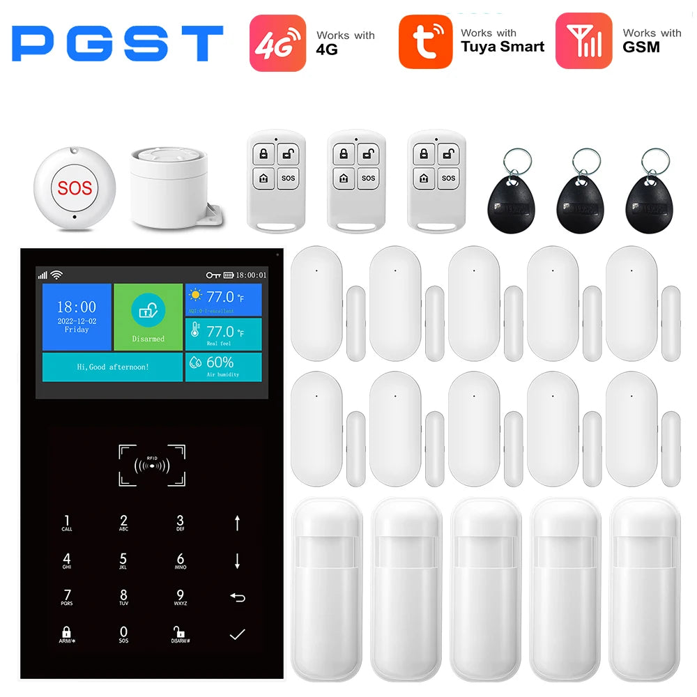 PGST GSM WIFI Smart Home Alarm System Tuya 4G Wireless Smart Life APP Control With Alexa 433MHz Safe Security Door Sensor Siren