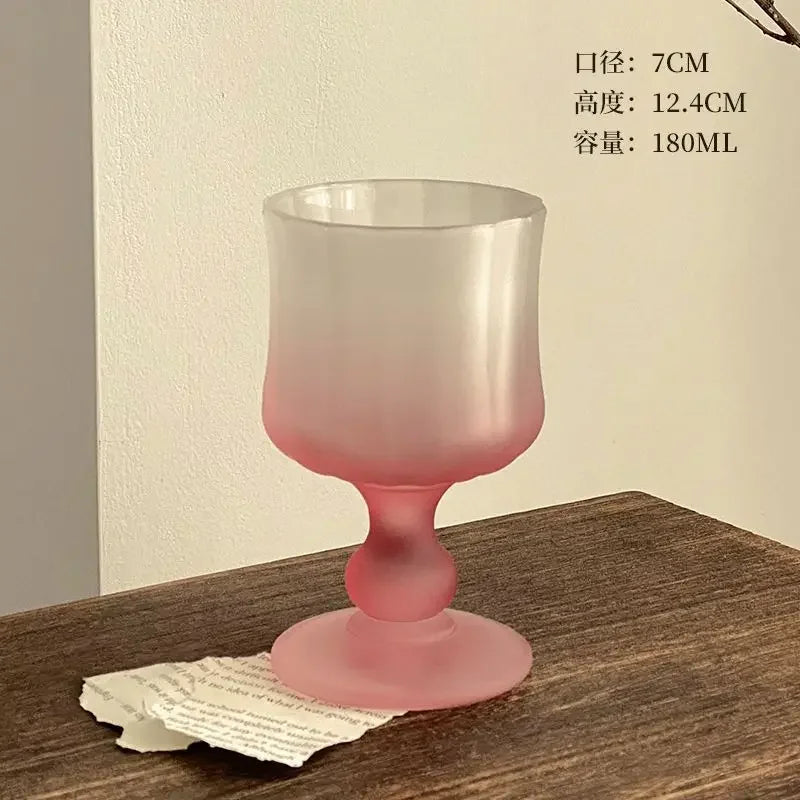 Matte Gradient Powder Pleated High Footed Glass Cup High Aesthetic Glass Red Wine Champagne Glass High-value Pink Goblet