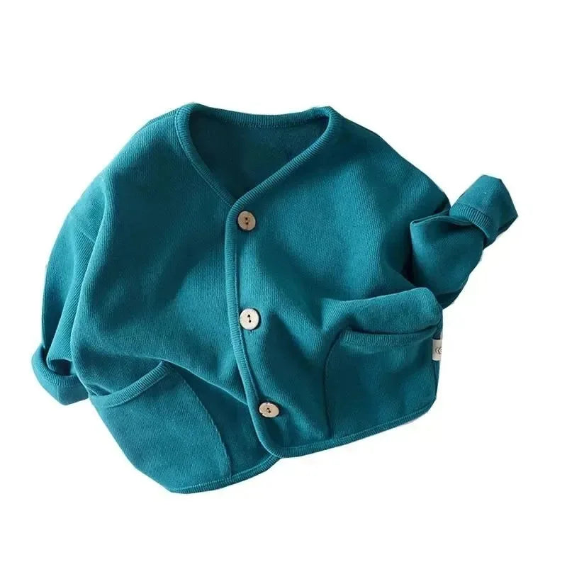 Korean Children's Loose Solid Color Long Sleeved Cardigan Autumn Style Pure Cotton Casual Top Jacket for Boys and Girls