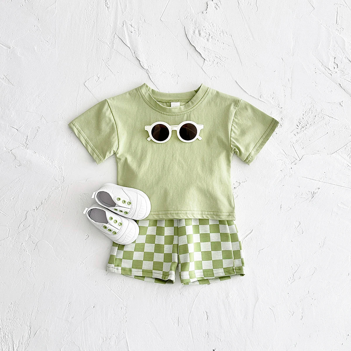Ins Summer Newborn Boys Girls Clothing Baby Set Solid Short Sleeved T-shirt+Checkerboard Shorts Cotton Casual 2PCS 0-3Y