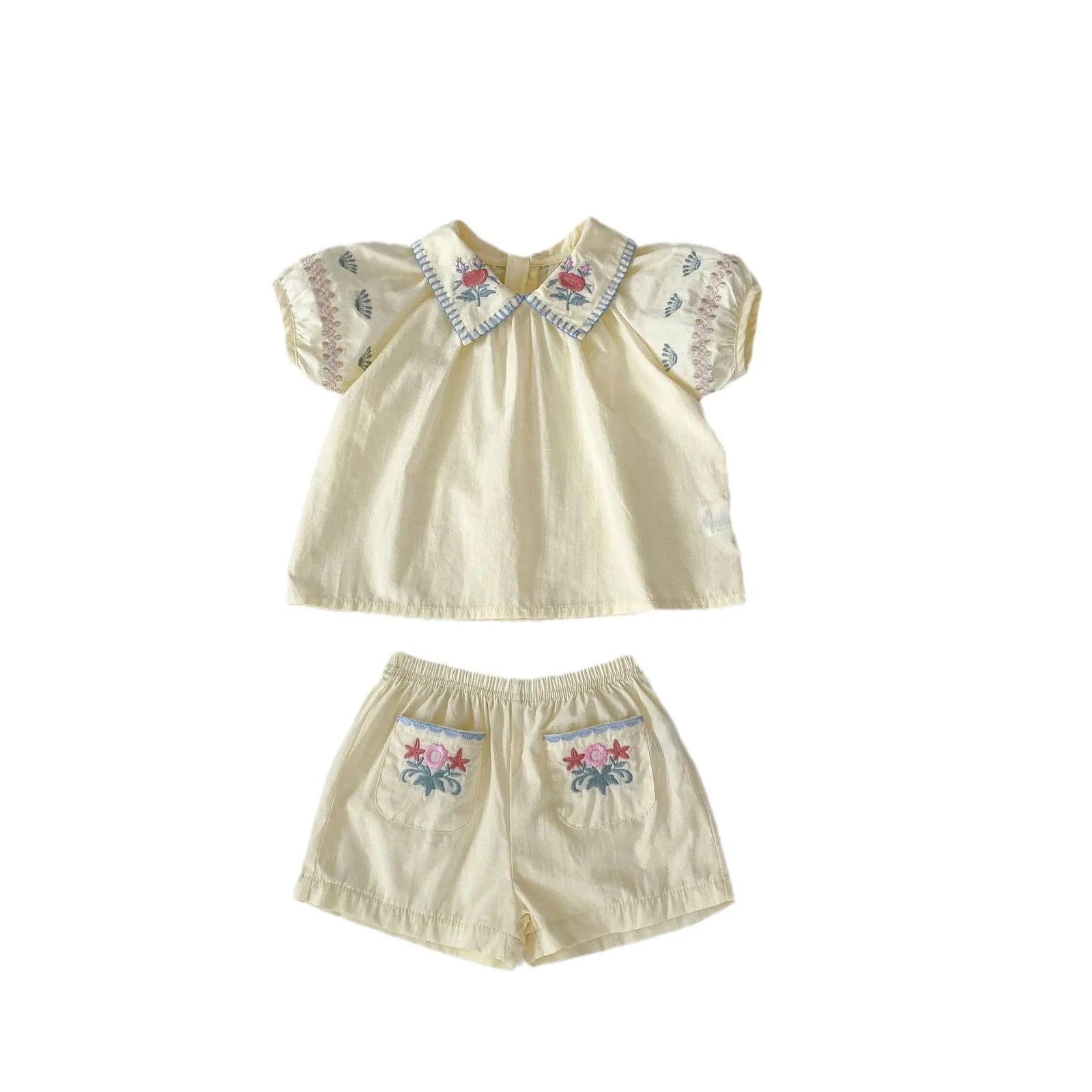 New summer baby clothing, set of 2 pieces for 0-3 year old girls with flower embroidered lapel short sleeved top and thin shorts