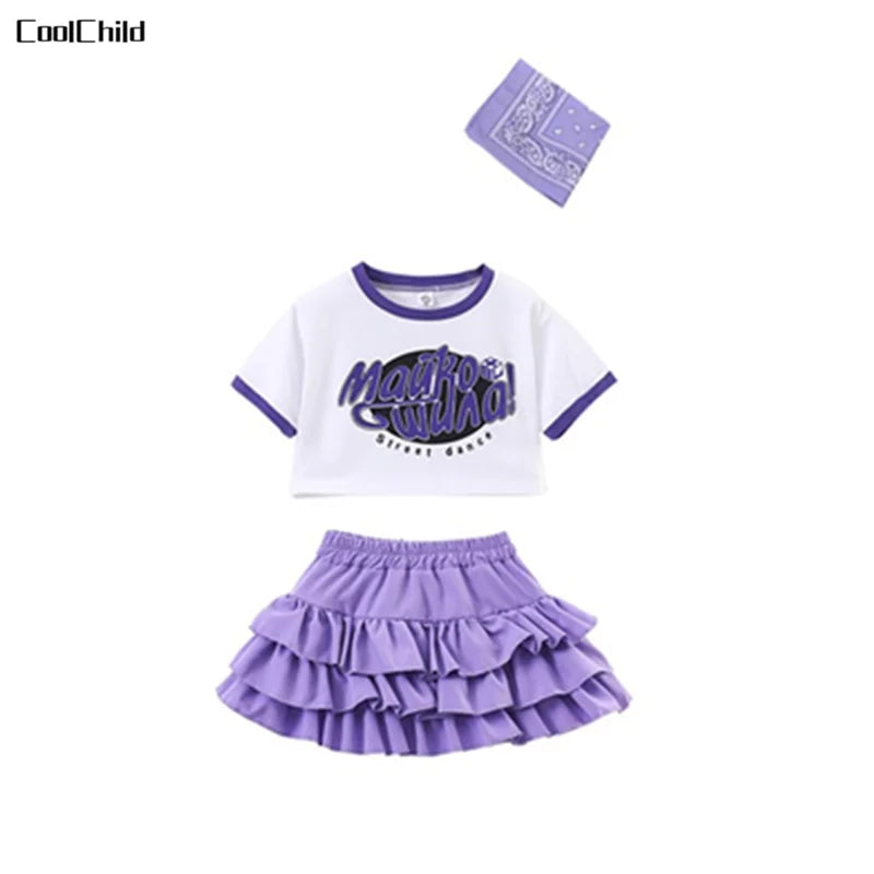 Girls Cute Summer Streetwear Children Hip Hop Crop Top Purple Tiered Skirts Clothes Sets Kids Teens Street Dance Jazz Costumes