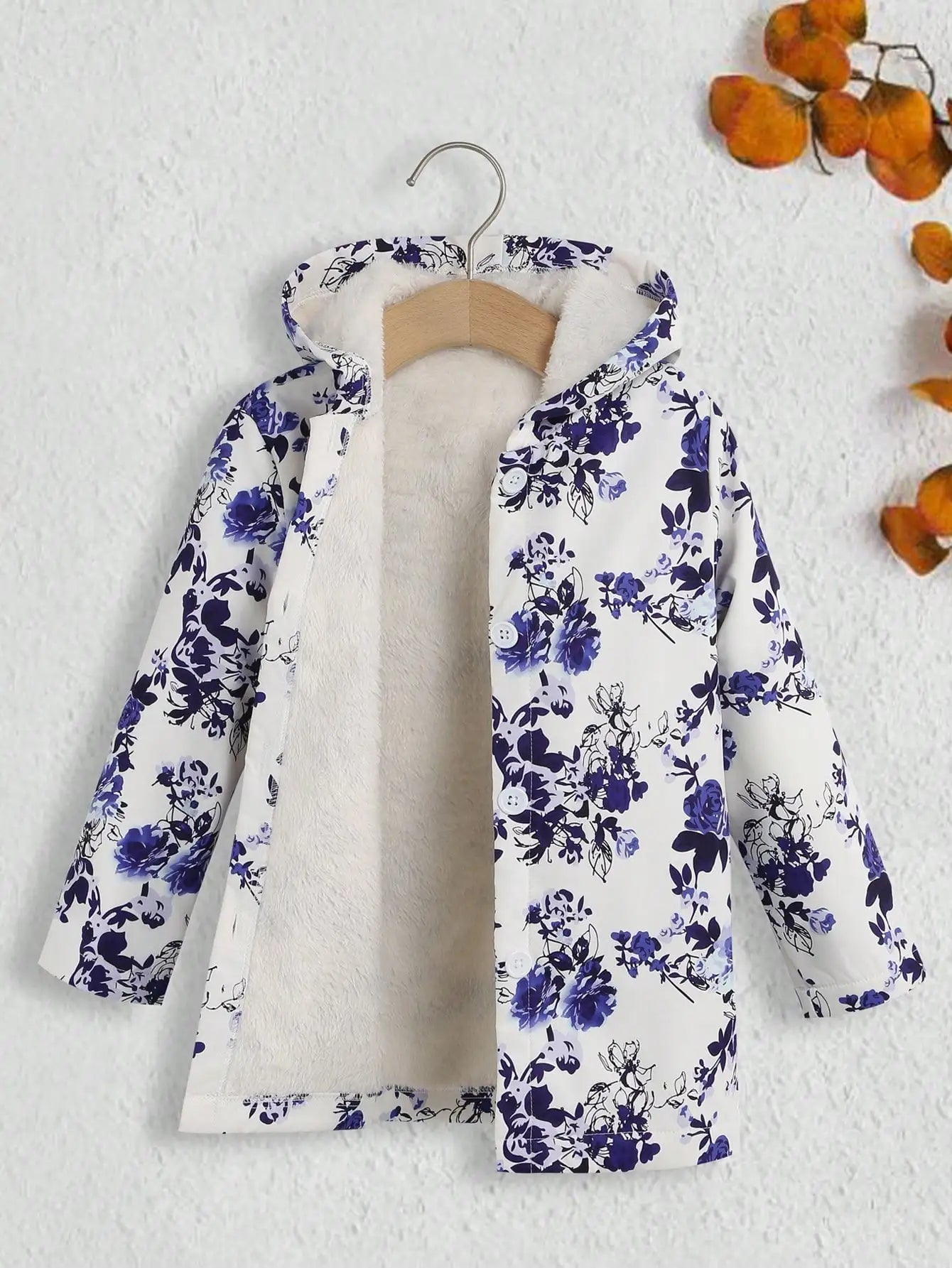 Fall/Winter Girls' Fleece Hooded Single-Breasted Floral Print Coat Holiday School Thermal Jacket Top