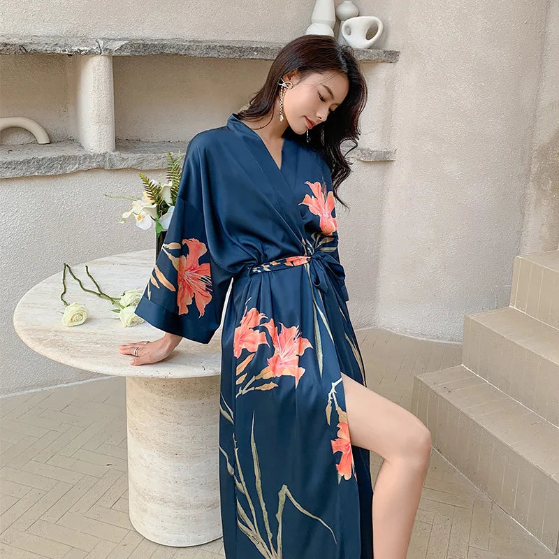 New Spring Summer Female Long Robe Nightgown Sexy Print Flower Kimono Bathrobe Gown Casual Silk Satin Home Dress Lounge Wear