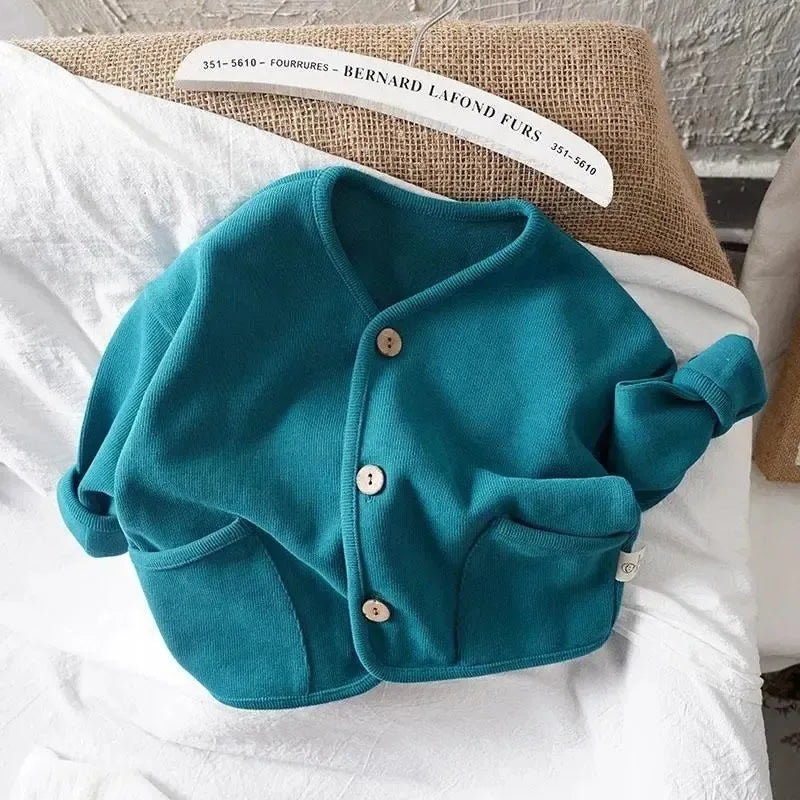 Korean Children's Loose Solid Color Long Sleeved Cardigan Autumn Style Pure Cotton Casual Top Jacket for Boys and Girls