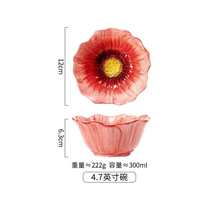 Pink Ceramic Flower Plate Dining Plates Decorative Bowl Dessert Plate Soup Bowls Water Cup Serving Plates Fruit Bowl Snack Bowls