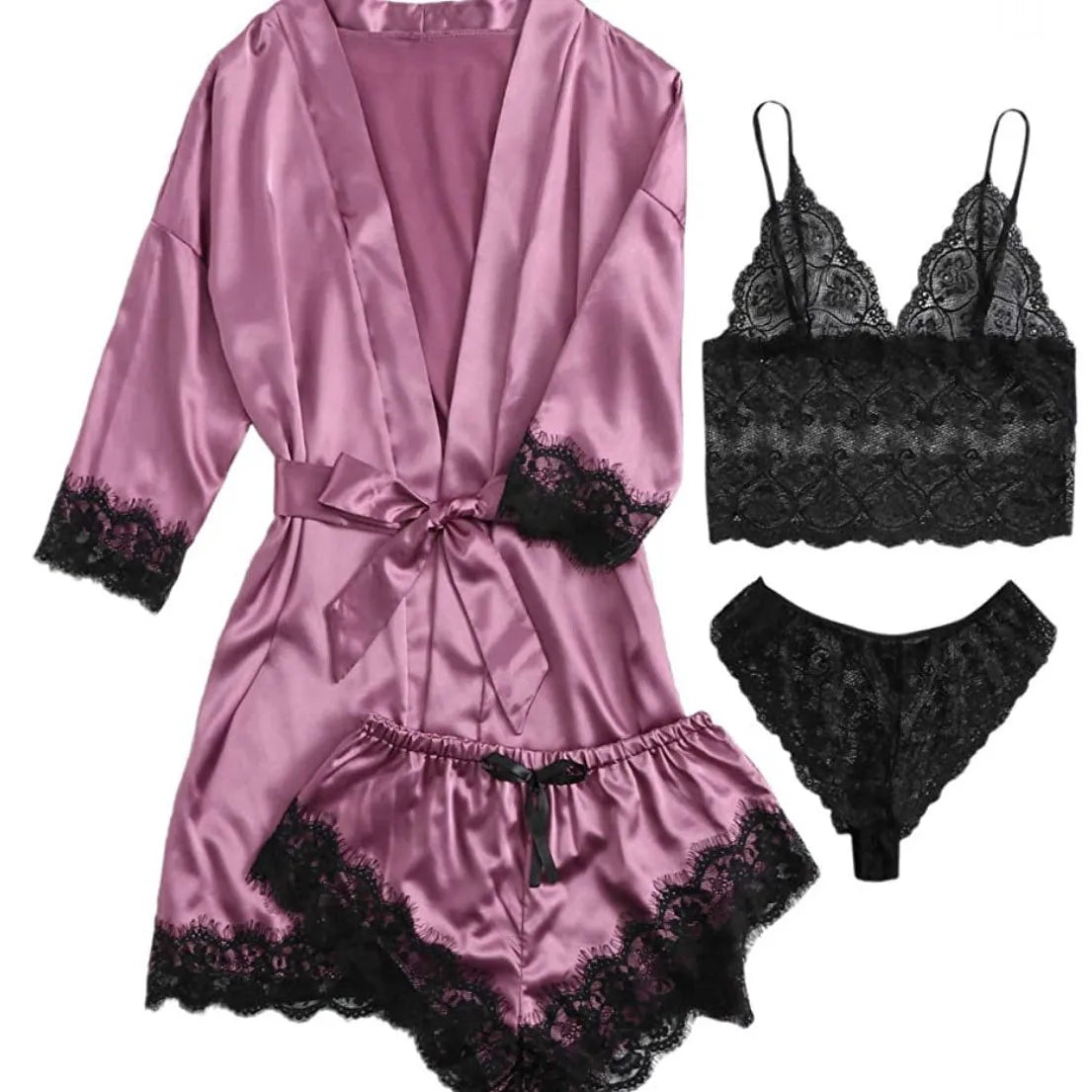 New Women's Sleepwear Set For Summer, A 4-piece Lace Camisole Home Outfit With A Robe, A Sexy V-neck Tie-sleeve Nightdress