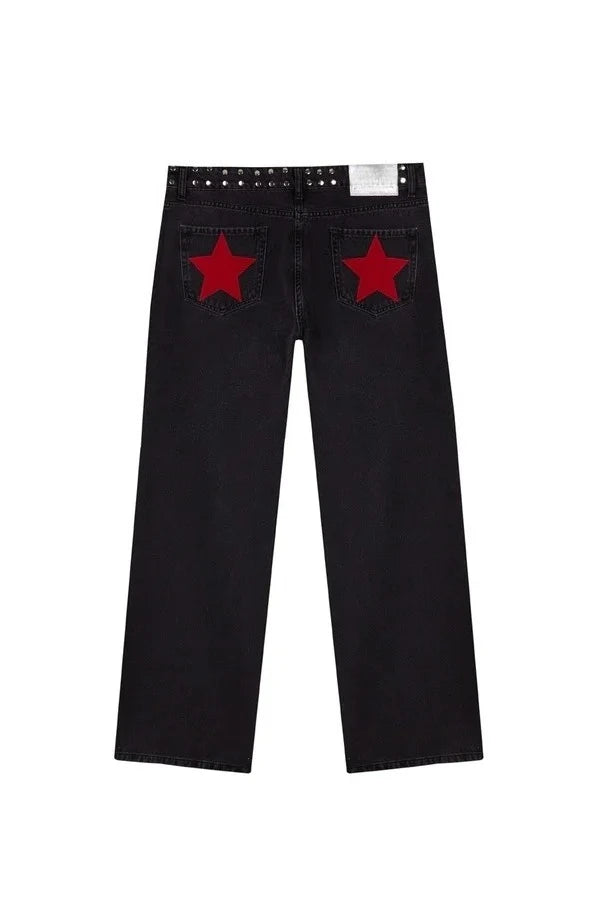 Women Y2K Vintage Jeans Patchwork Leopard Star Pattern Metal Rivet Jeans Female Baggy Casual Straight Leg Pants Women Clothing