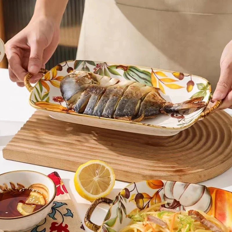 1PC Pumpkin Bowl Dish Tableware Household Ceramic Dishes Soup Double Ear Baking Plate Circular Bamboo Hat