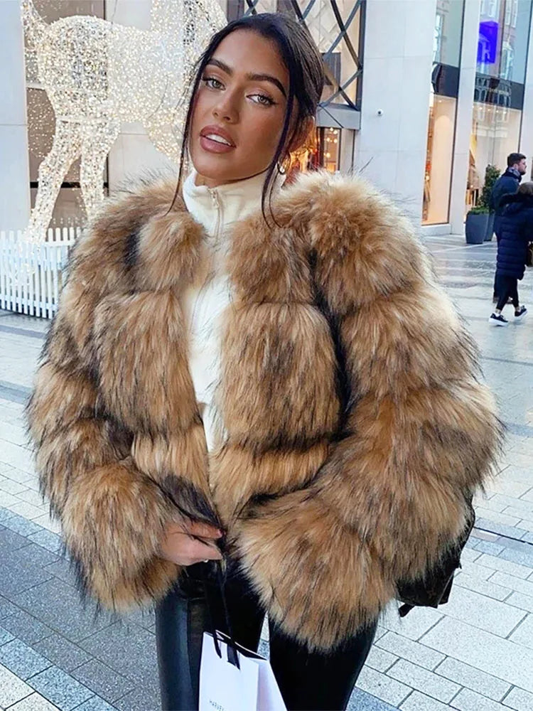 ZADORIN Woman Fashion Faux Raccoon Fur Coat Luxury Short Warm Fur Top Furry Jacket Women Winter Plush Fluffy Fur Coats for Woman