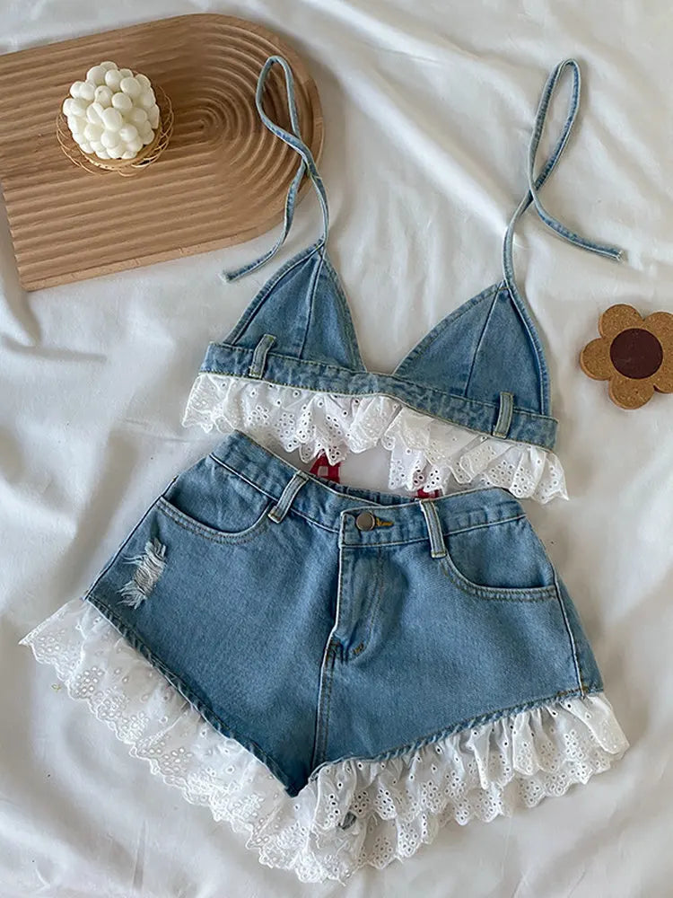 Teenage Children's Girls Summer Jeans Clothes Sets 2pcs Denim Suspenders+Shorts Beach Outfits 4 6 7 8 9 10 11 12 13 14 Years