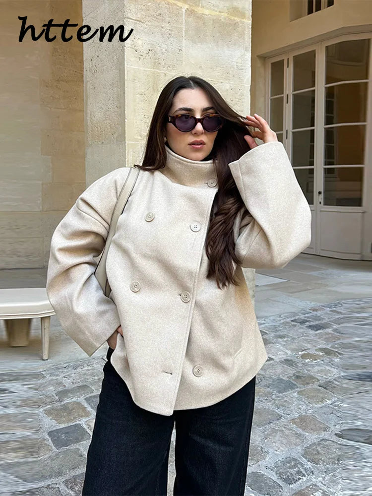 Casual Women's Short Woolen Coats Loose Lapel Single-breasted Long Sleeve Thick Jacket 2025 Autumn Winter Lady Elegant Outwear
