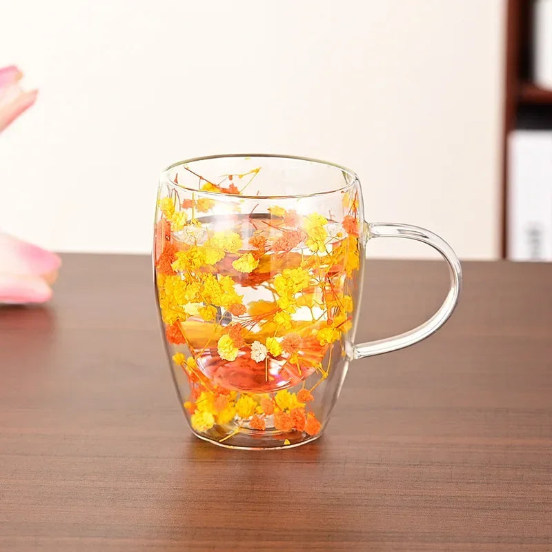 1PCS 300ml Double Wall Glass Cup with Handle Dried Flower Decorated Ins StyleDurable Coffee Milk Mug Heat Resistant Tea Cups