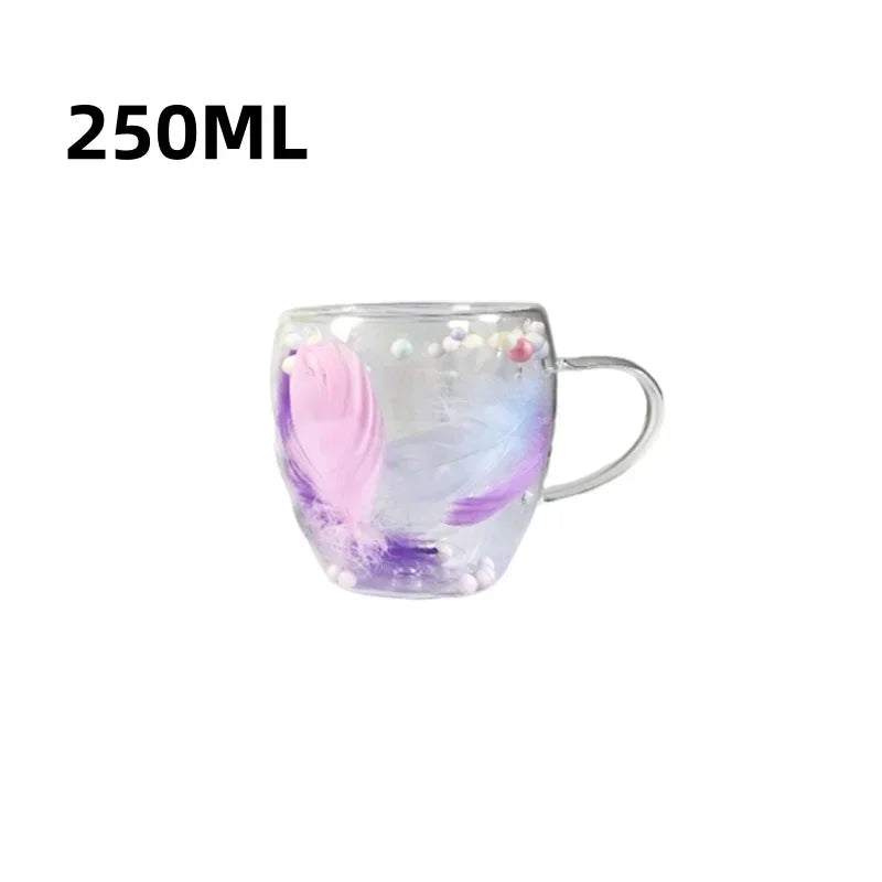 250/350ML Feather Design Glass Cup with Handle Double Layer Coffee Cup Transparent Heat Resistant Home Office Exquisite Gift Cup