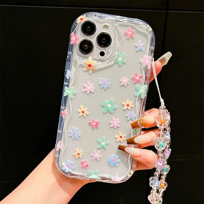 Colorful Flower Pattern Bracelet Lanyard Transparent Phone Case For iPhone 17 16 15 14 13 12 11 Pro Max XS XR 7 8 Plus 16E Cover