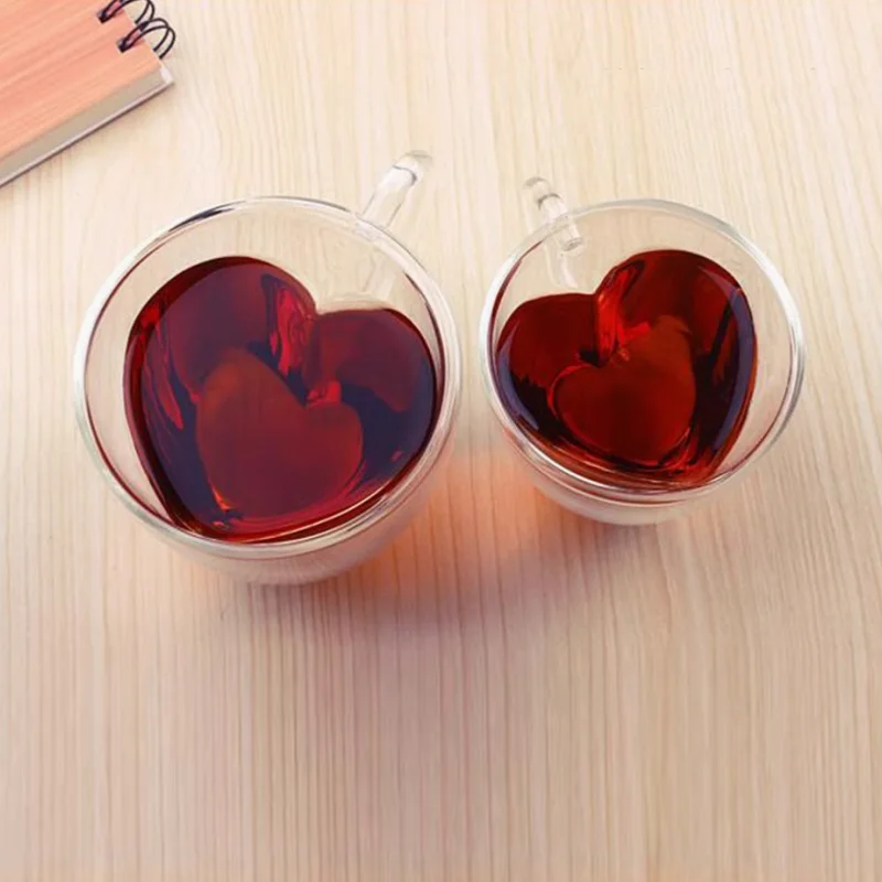240ml High Borosilicate Valentine's Day Couple Glass Cup with Insulation and Heat Resistance Heart-shaped Double-layer Glass Cup