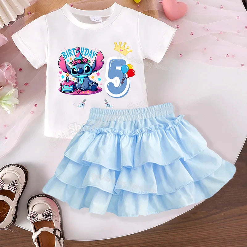 Disney Stitch Birthday T-shirt Dress Set for Children Customized Name Tee Top Girls Clothes Skirts 2pcs Suit Short Sleeve Gift