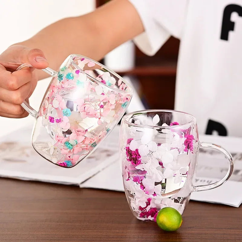 1PCS 300ml Double Wall Glass Cup with Handle Dried Flower Decorated Ins StyleDurable Coffee Milk Mug Heat Resistant Tea Cups