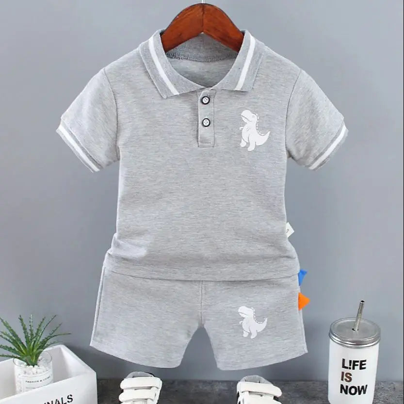 Infant Baby Boy Sets Summer Clothing Casual Sport Suit POLO Shirt + Shorts 2Pcs Set Boys Kids Gray Dinosaur Print Tracksuit