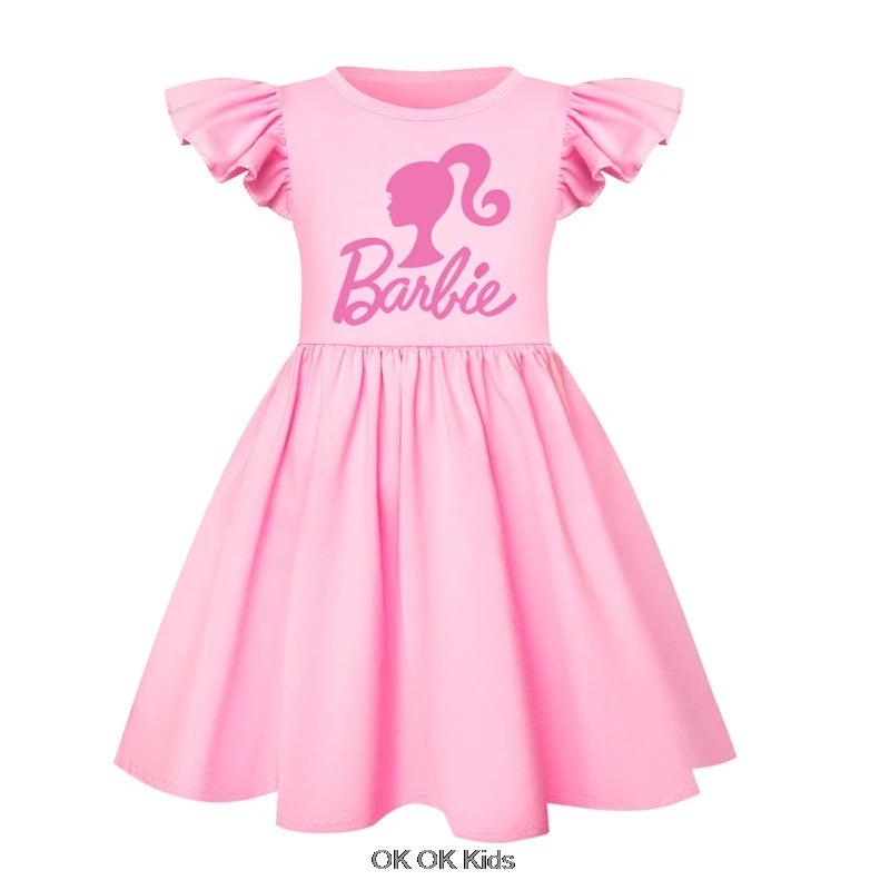 New Summer Dress Barbie the movie for Girls Kids Princess Tank Top Dress Girls Dresses Flying sleeve Childre Clothes +Bag 1-8T