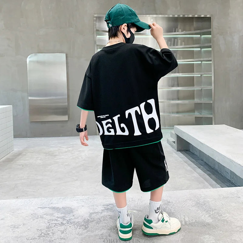 Children Summer Clothing Set For Boys Letter Print Sport Suit Kids Teenager Cotton Outfits Casual Short Sleeve Tracksuit Costume