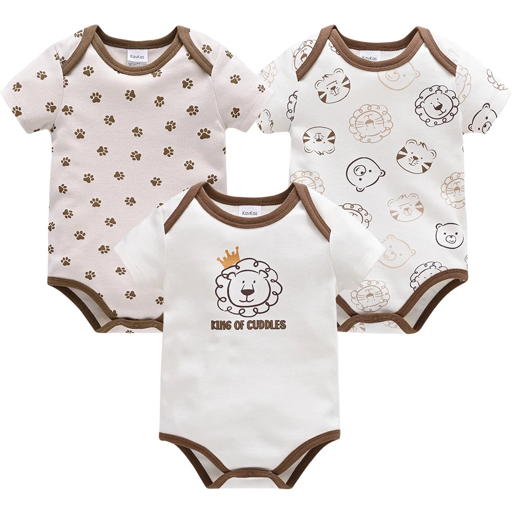 Kavkas 3 Pcs/lot Baby Boy Bodysuit 100% Cotton Lion Print 3M 6M 9M 12M Newborn Girls Clothes Summer Body Clothing