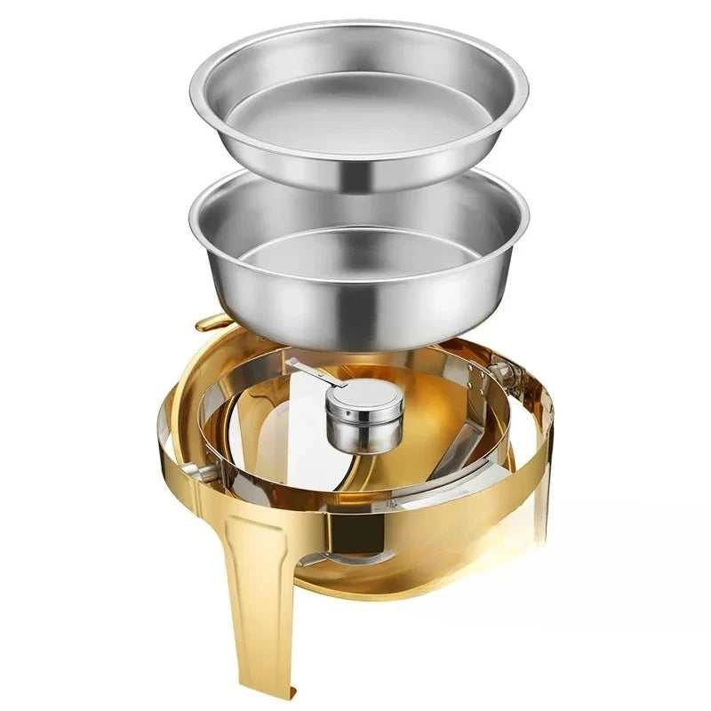 2 packs Hotel Buffet Thermal Food Warmer, Golden Food Warmer, Hotel Stainless Steel 6L Round Roll Top Chafing Dishes, electric.