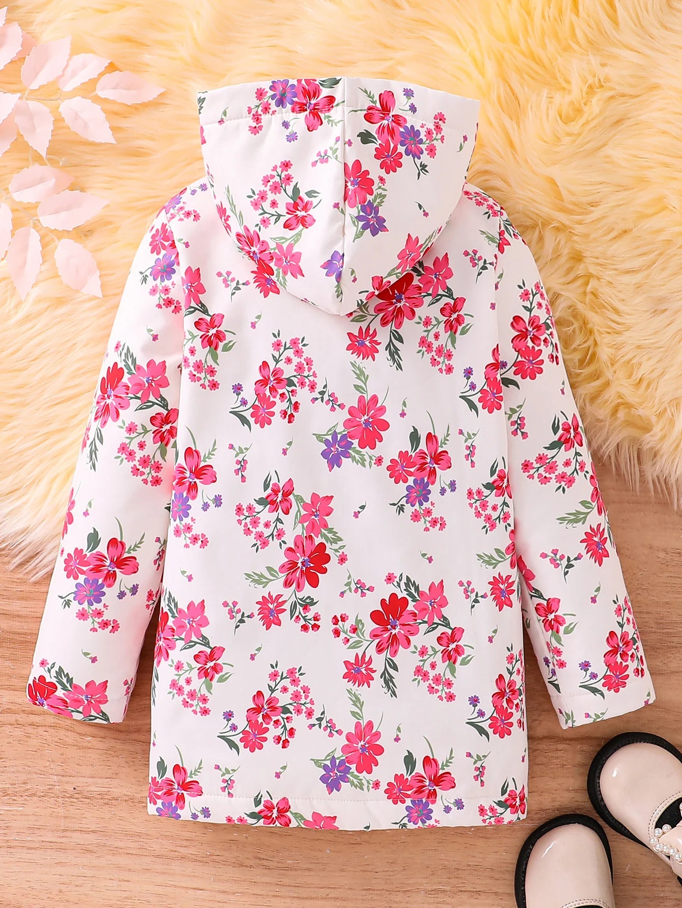 Fall/Winter Girls' Fleece Hooded Single-Breasted Floral Print Coat Holiday School Thermal Jacket Top